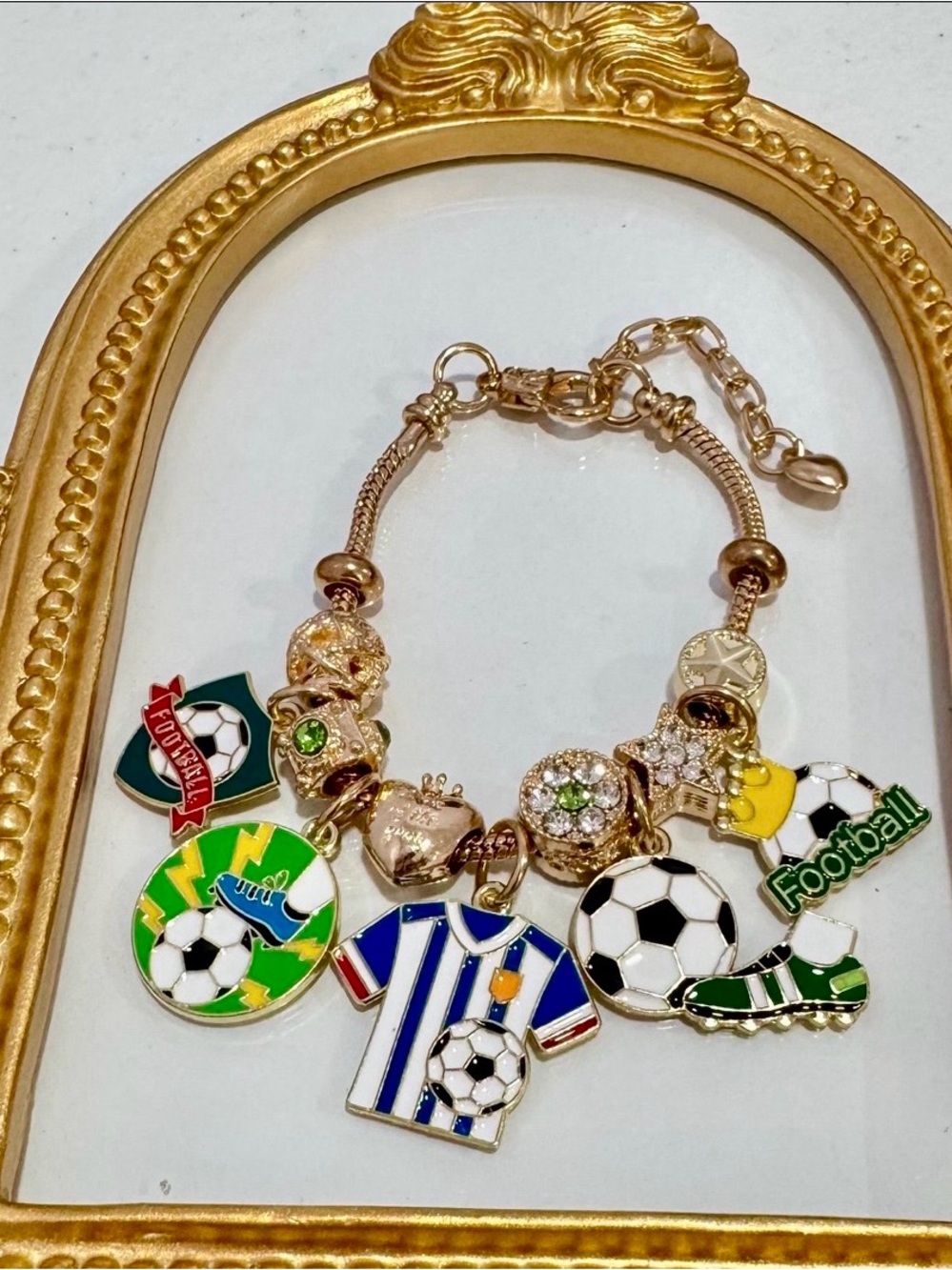 New Soccer Themed Gold Charm Bracelet with Enamel Charms